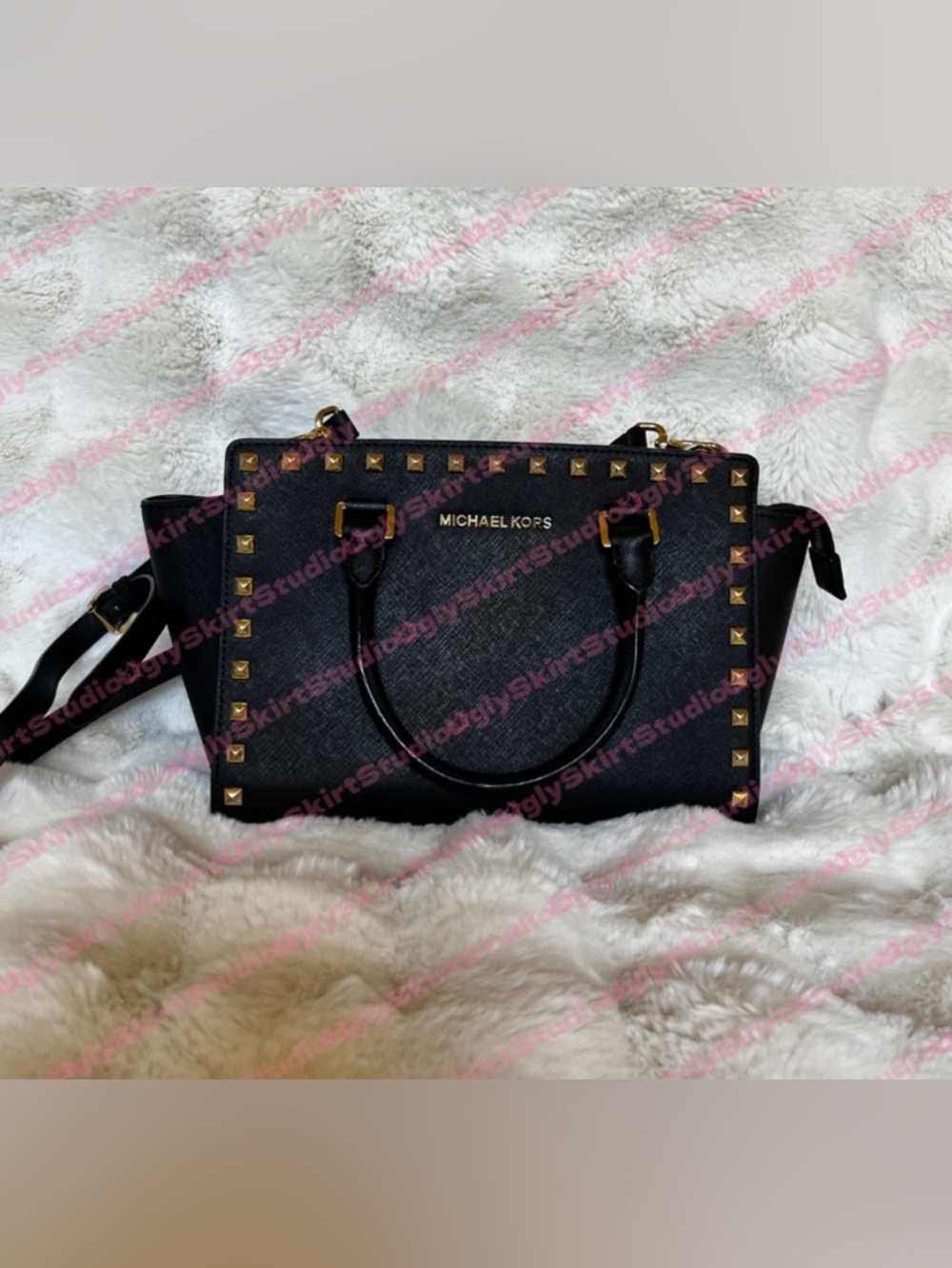 Michael Kors Selma Medium Studded Satchel Black Saffiano Leather Gold Stud Purse